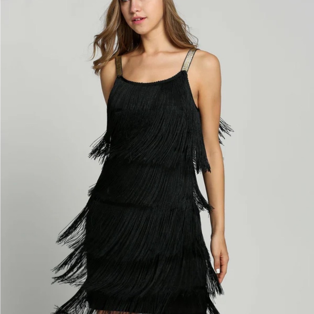 BELTED BLACK 1920S FRINGE GATSBY DRESS M